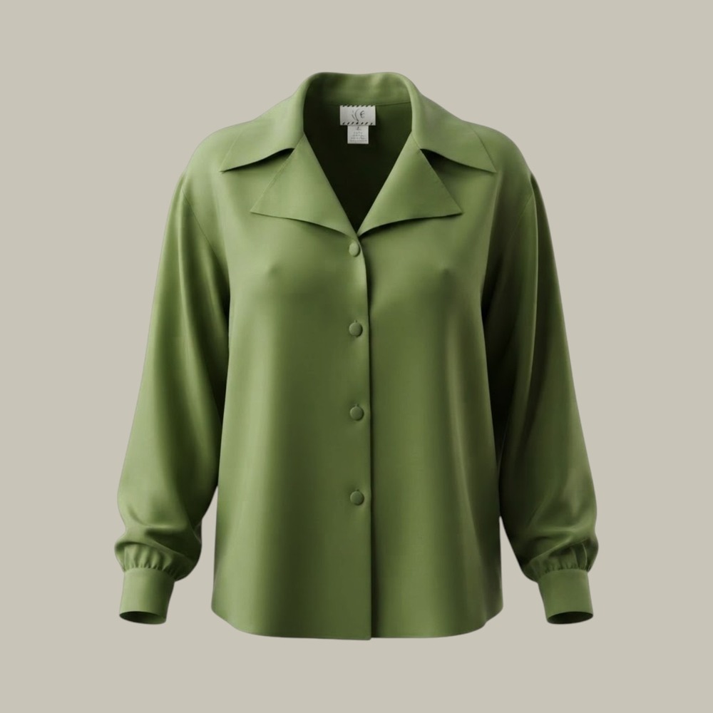 Vintage ICE 100% Silk Blouse Moss Green Camp Collar Ruffle Cuff Button Down M